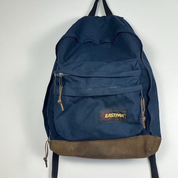 VTG 90s EASTPAK Cowhide Leather Bottom Backpack Blue Padded Straps Made In USA - Picture 1 of 13